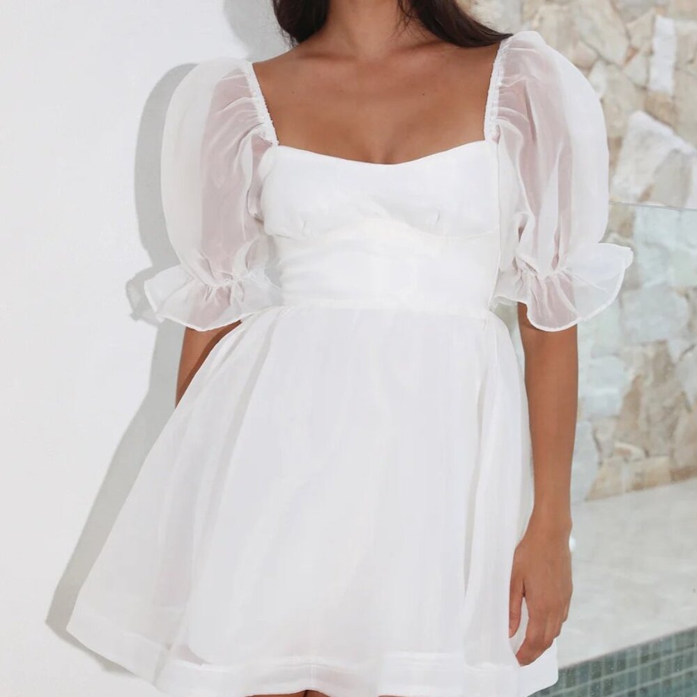 Hello Molly White Puff Sleeve Mini Wedding Dress - Picture 2 of 4